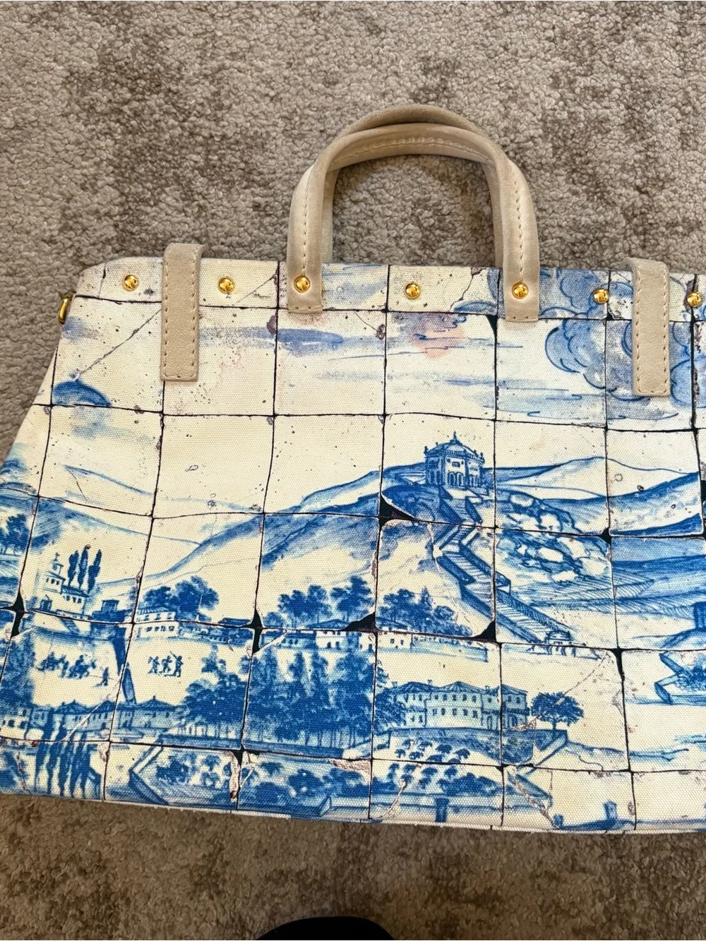 Prada Blue and White Scenic Satchel with Cream Handles